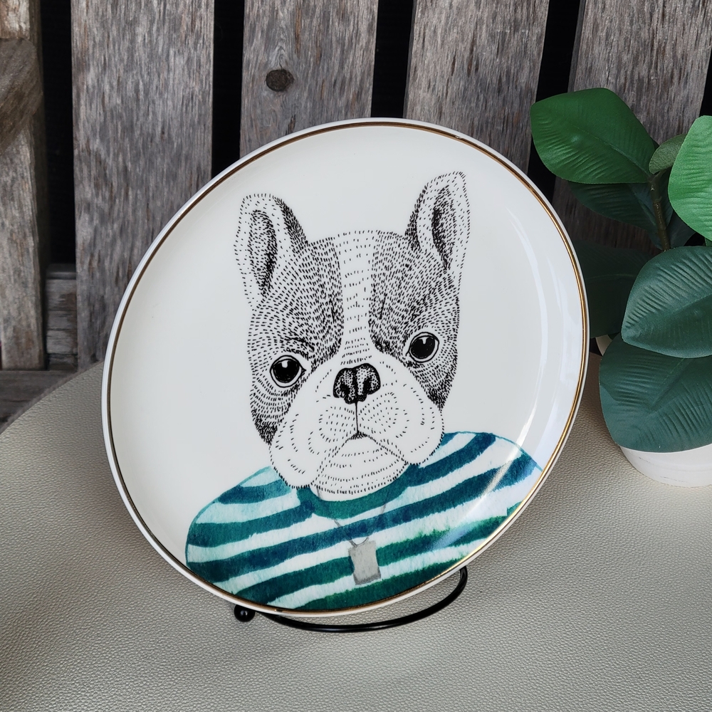Pier 1 Book Club Frenchie Bulldog Striped Sweater Porcelain Plate